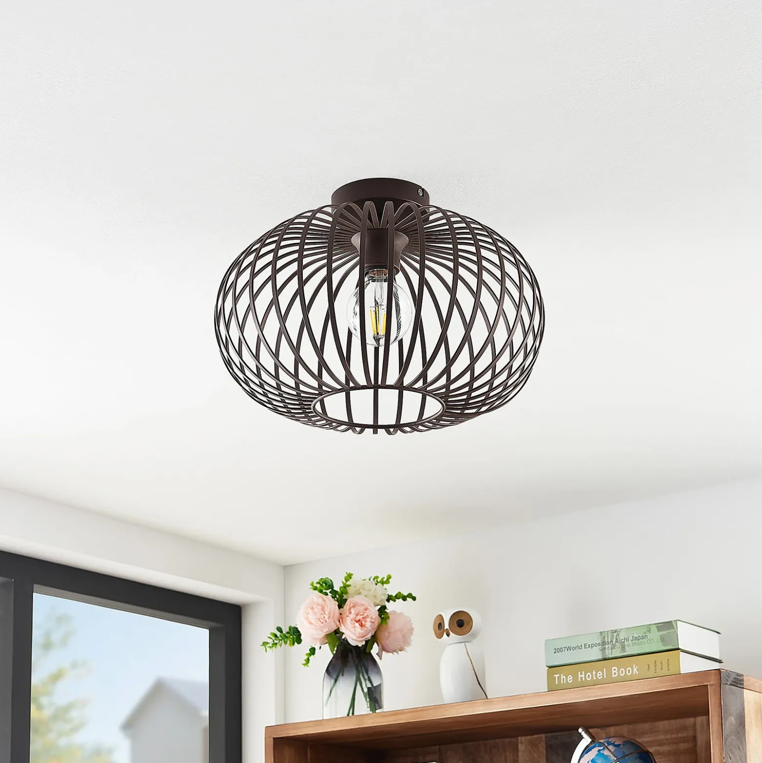 Plafón Lindby Nahele, marrón, metal, Ø 40 cm, E27