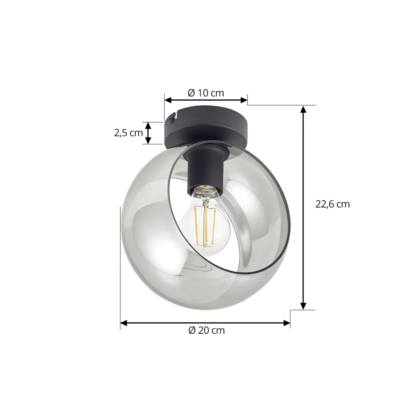 Plafón Lindby Roton, gris/negro, cristal, Ø 20 cm