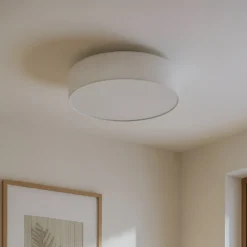 Plafón Lindby Sebatin, Ø 50 cm, blanco crema, tela, E27