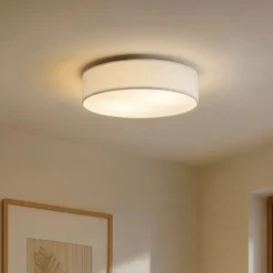 Plafón Lindby Sebatin, Ø 50 cm, blanco, tela, E27