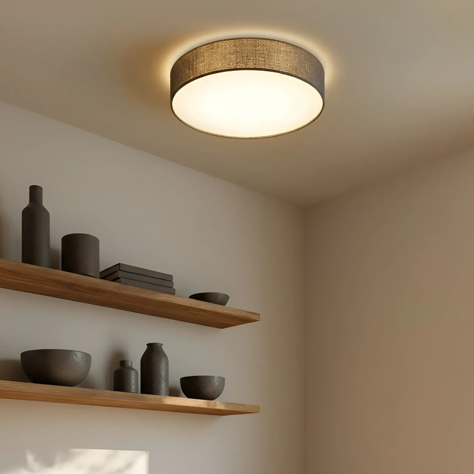 Plafón Lindby Sebatin, Ø 50 cm, gris, tela, E27