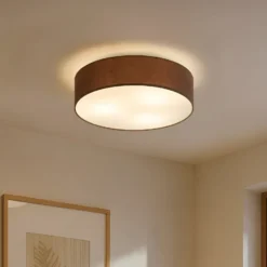 Plafón Lindby Sebatin, Ø 50 cm, marrón claro, tela, E27