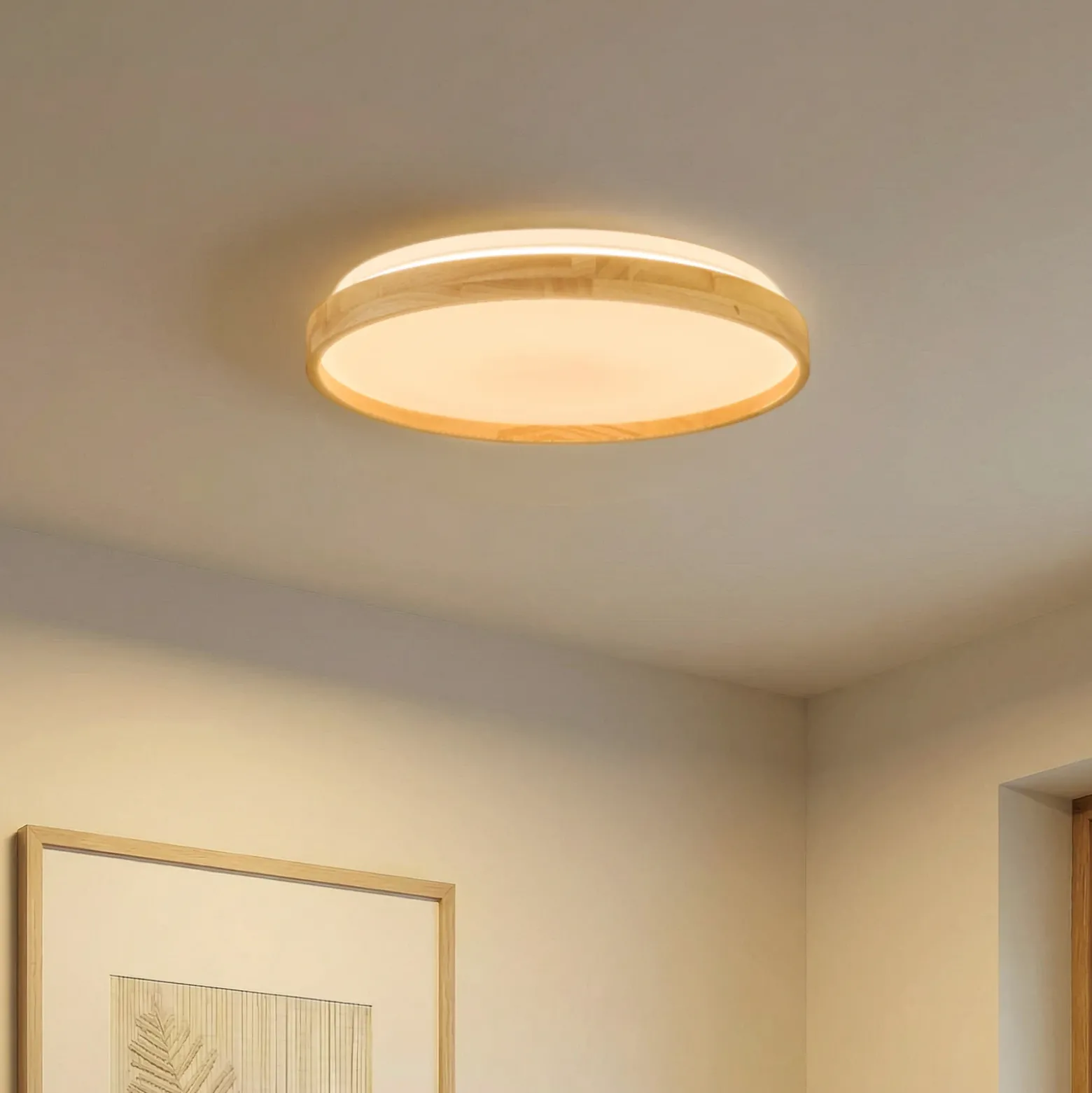Plafón Lindby Smart LED Mirren madera Ø39,5cm CCT Tuya