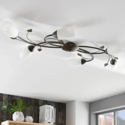 Plafón Lindby Stefania, 6 luces, negro/oro, 68cm