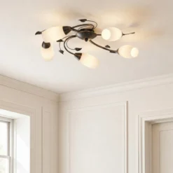 Plafón Lindby Stefania, 5 luces, negro/oro, Ø58cm