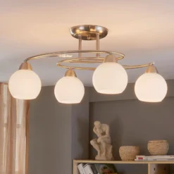 Plafón Lindby Svean, 4 luces, blanco, cristal, longitud 42,5cm