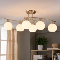 Plafón Lindby Svean, 6 luces, blanco, cristal, longitud 75cm