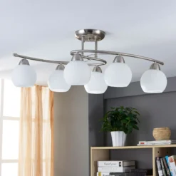 Plafón Lindby Svean, 6 luces, blanco, cristal, longitud 75cm