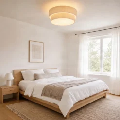Plafón Lindby Tazia, Ø 50 cm, natural/blanco, lino