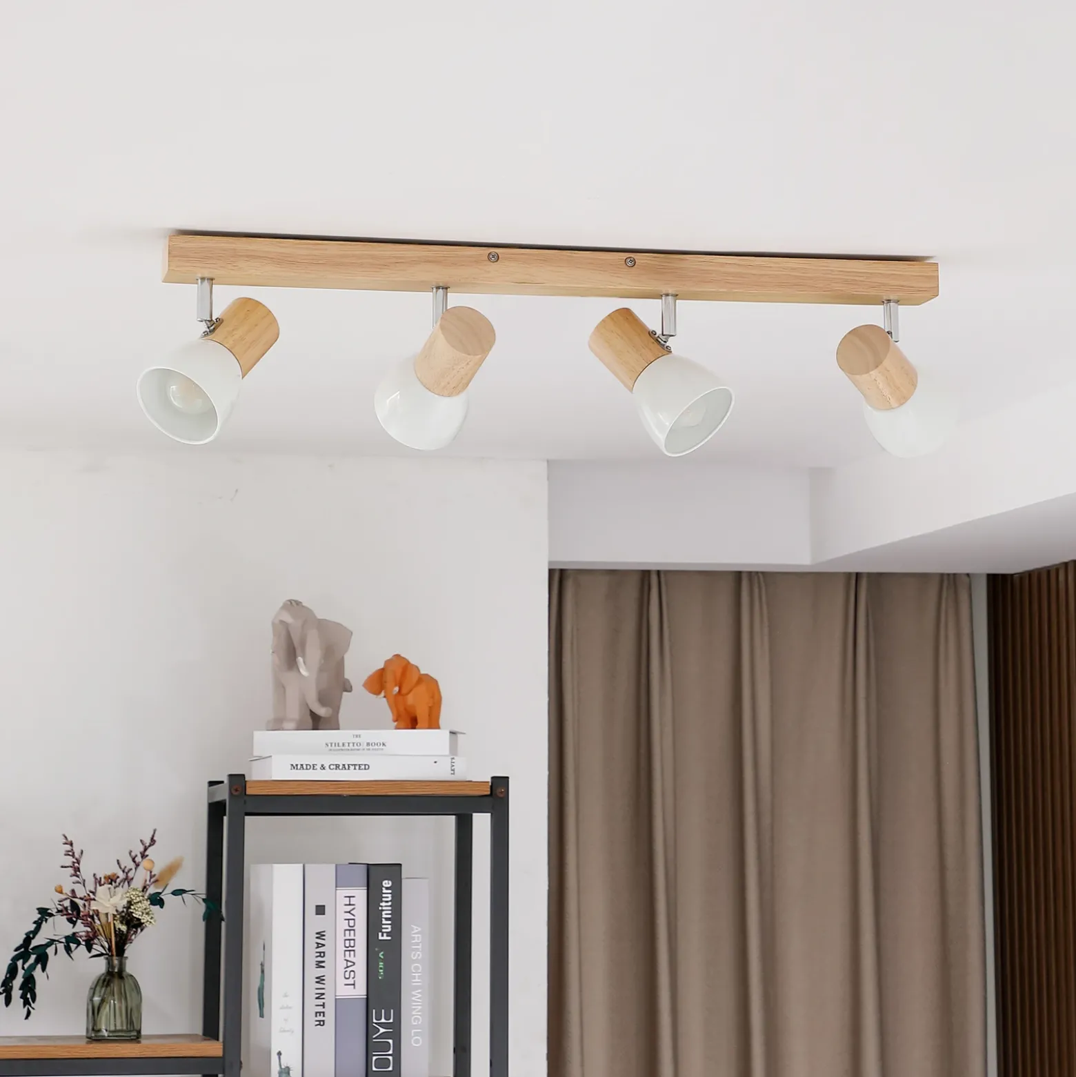 Plafón Lindby Thorin, 67 cm, 4 luces, blanco, madera, E14