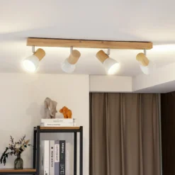 Plafón Lindby Thorin, 67 cm, 4 luces, blanco, madera, E14