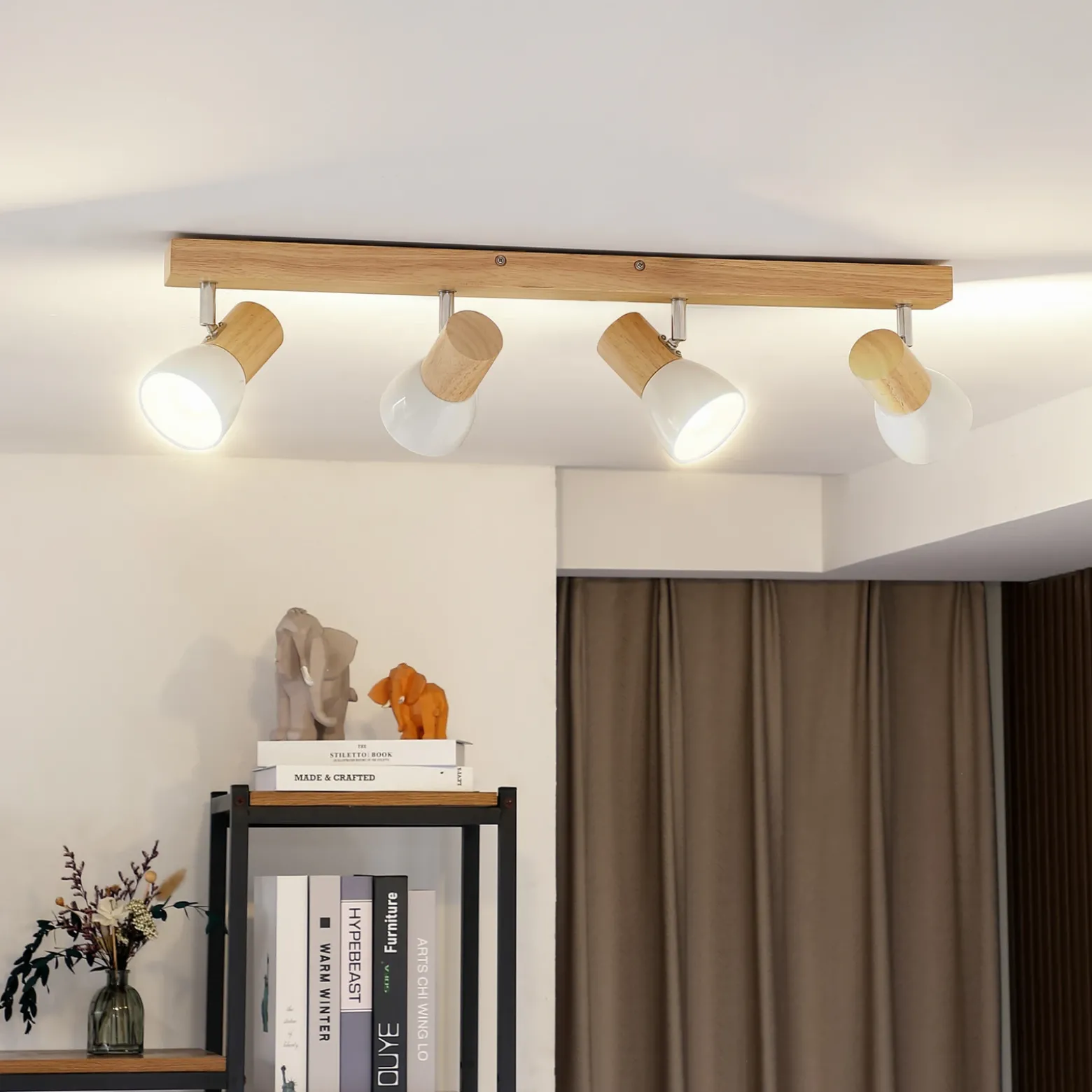 Plafón Lindby Thorin, 67 cm, 4 luces, blanco, madera, E14
