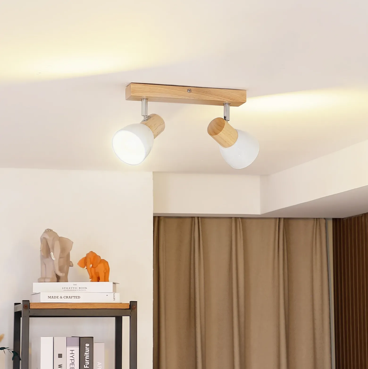 Plafón Lindby Thorin, 27 cm, 2 luces, blanco, madera, E14