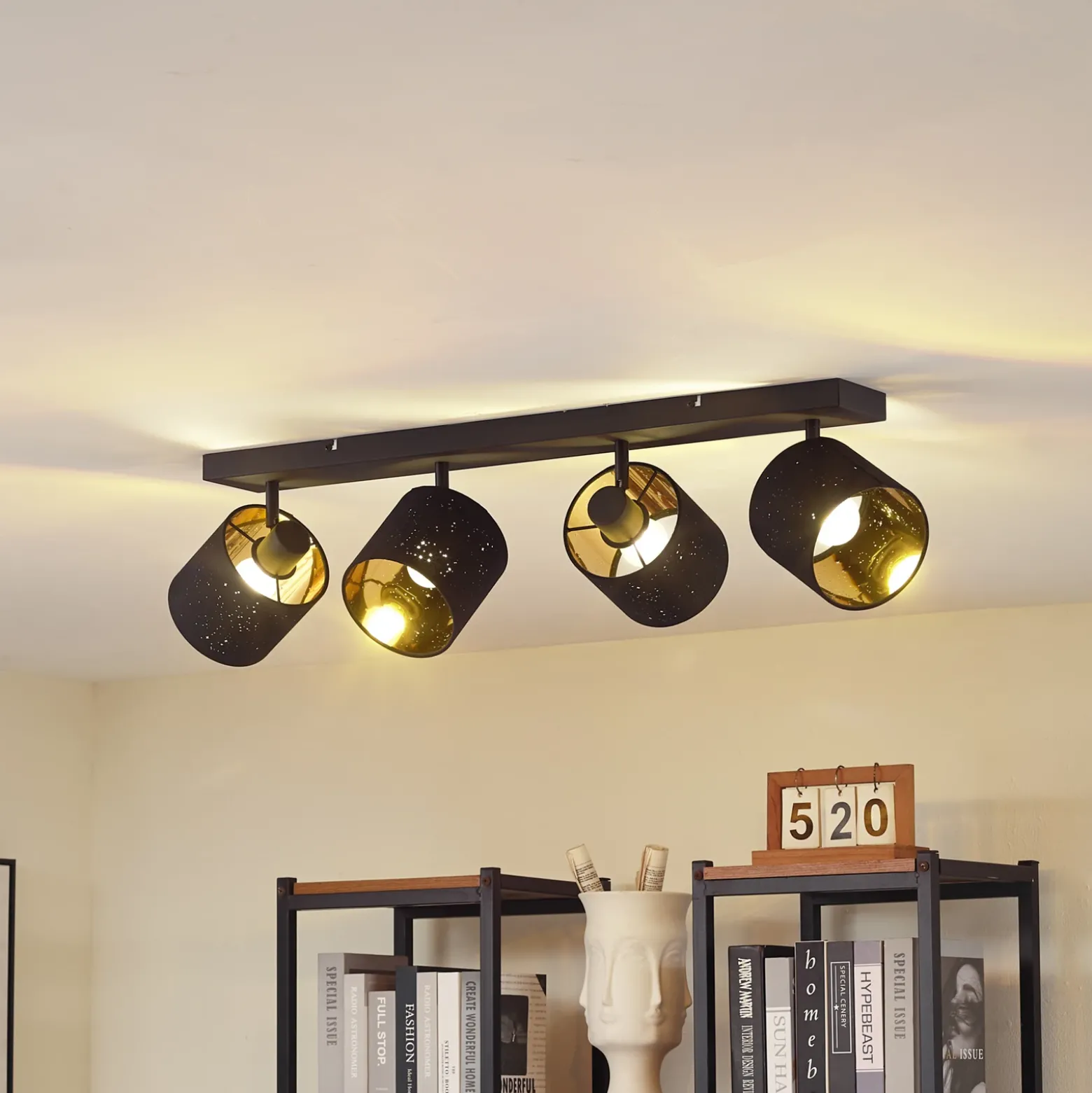 Plafón Lindby Vasilia, 4 luces, negro/oro, tela