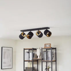 Plafón Lindby Vasilia, 4 luces, negro/oro, tela