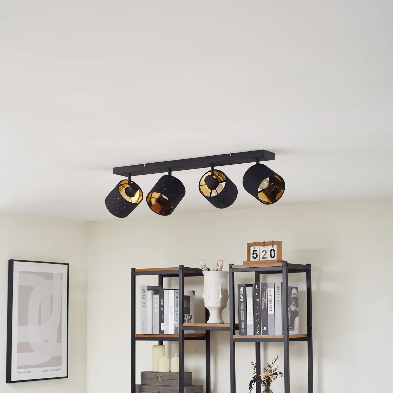Plafón Lindby Vasilia, 4 luces, negro/oro, tela