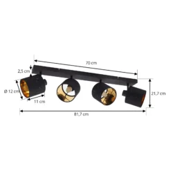 Plafón Lindby Vasilia, 4 luces, negro/oro, tela