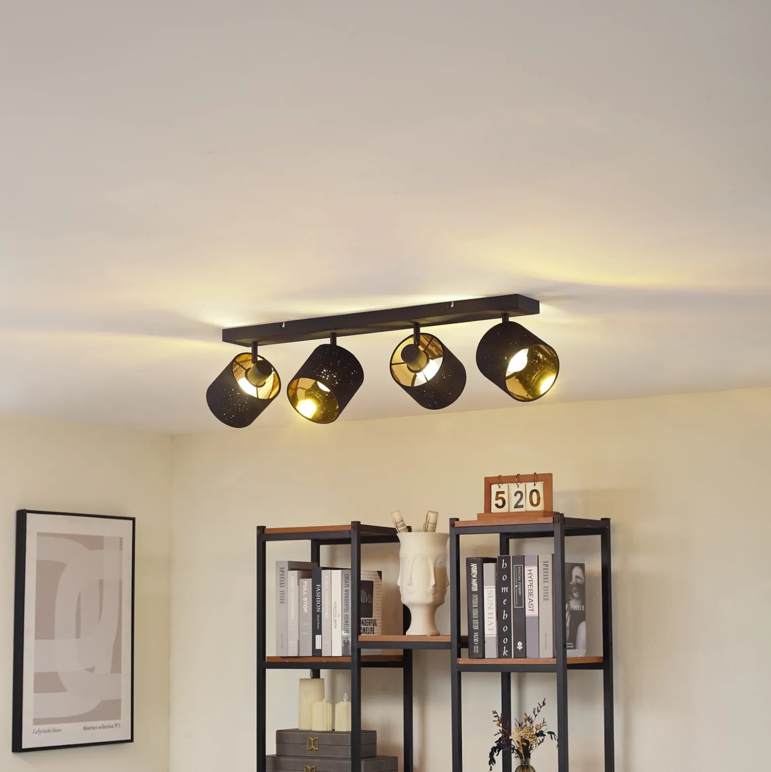 Plafón Lindby Vasilia, 4 luces, negro/oro, tela