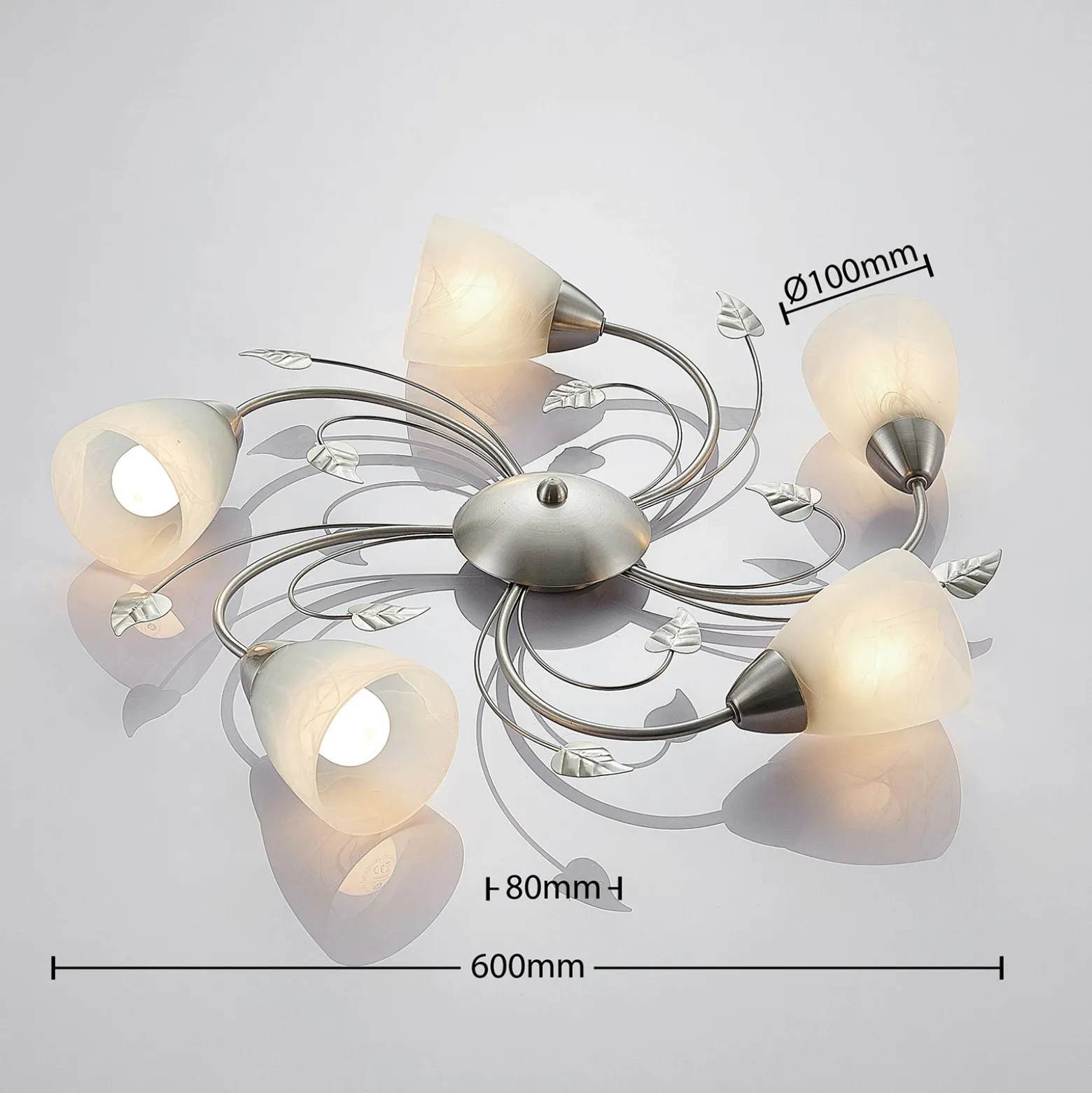 Plafón Lindby Yannie, 5 luces, 60cm, níquel/blanco, cristal