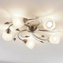 Plafón Lindby Yannie, 5 luces, 60cm, níquel/blanco, cristal