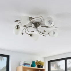 Plafón Lindby Yannie, 5 luces, 60cm, níquel/blanco, cristal