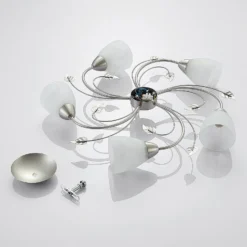 Plafón Lindby Yannie, 5 luces, 60cm, níquel/blanco, cristal