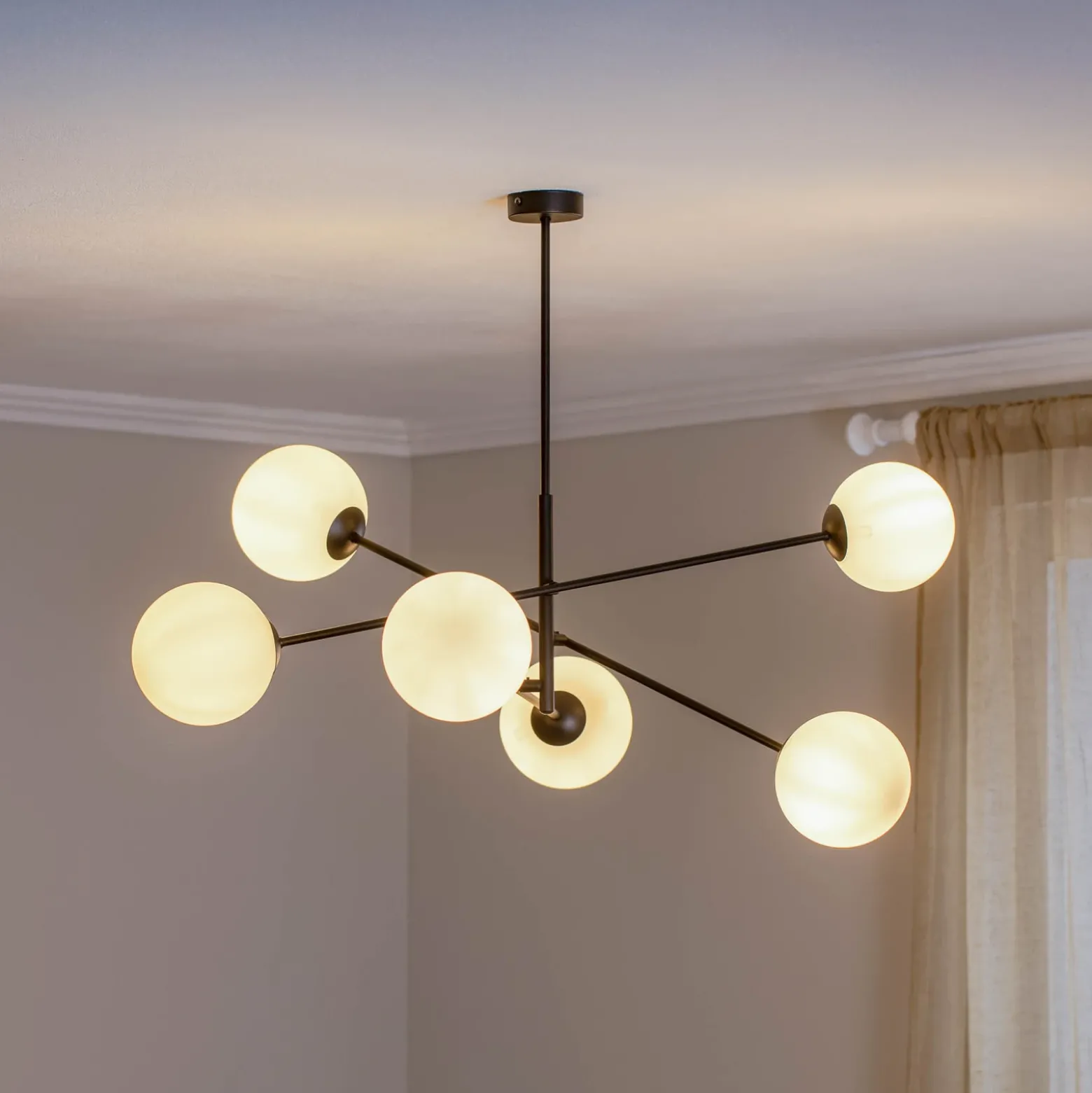 Plafón lineal, negro/ópalo, 6 luces