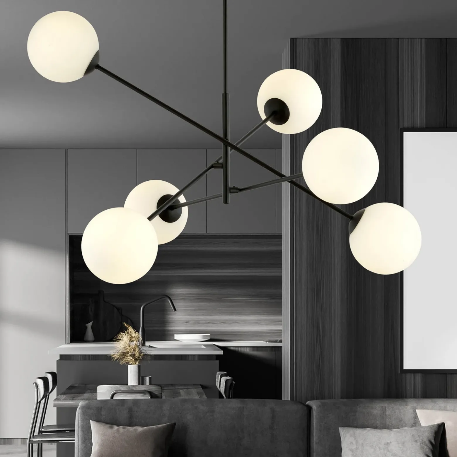 Plafón lineal, negro/ópalo, 6 luces