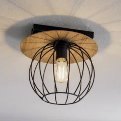 Plafón Malin, pantalla redonda de madera, 1 luz
