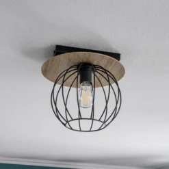 Plafón Malin, pantalla redonda de madera, 1 luz