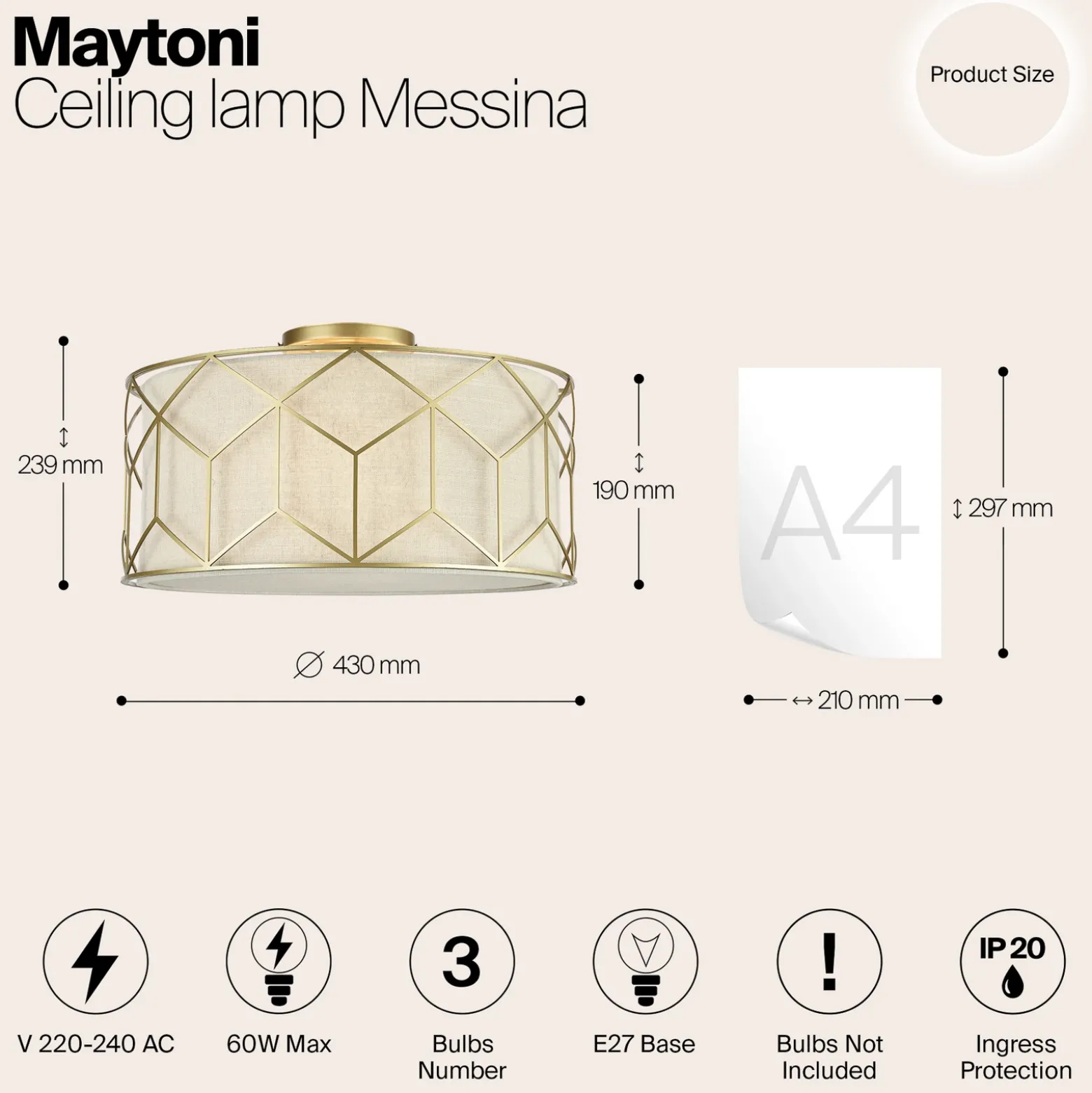 Plafón Maytoni Messina, Ø 43 cm, beige, lino