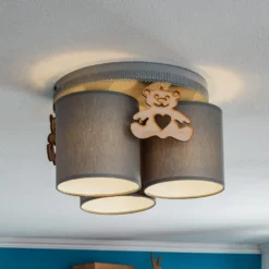 Plafón Mis, gris con oso de madera, 3 luces