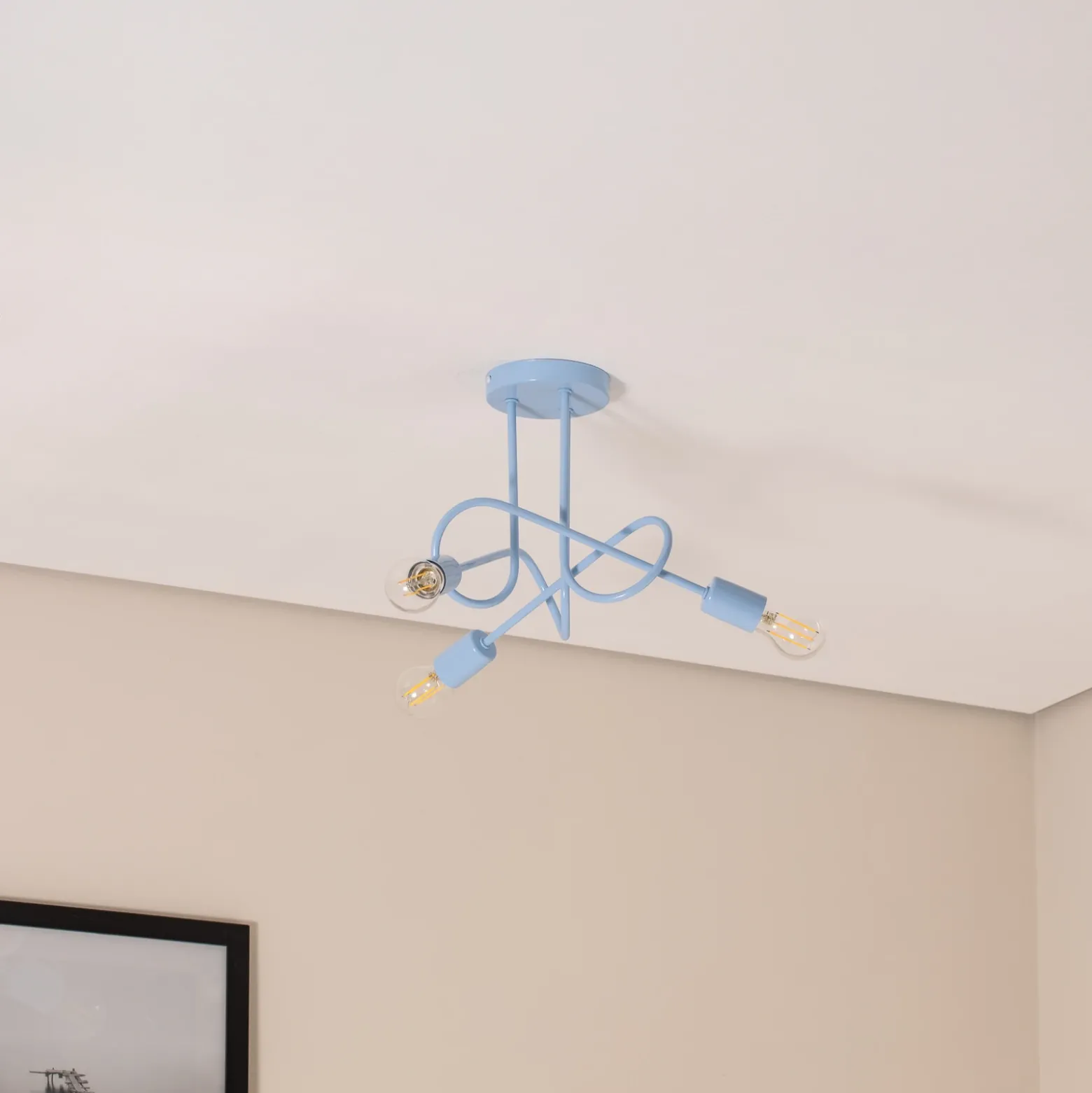 Plafón Oxford, Ø 44 cm, azul claro, metal, 3 luces