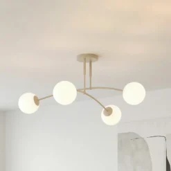 Plafón Pregos, beige, Ø 60 cm, 4 luces, metal/cristal