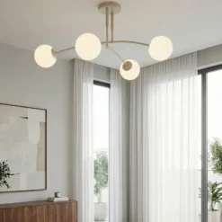 Plafón Pregos, beige, Ø 60 cm, 4 luces, metal/cristal