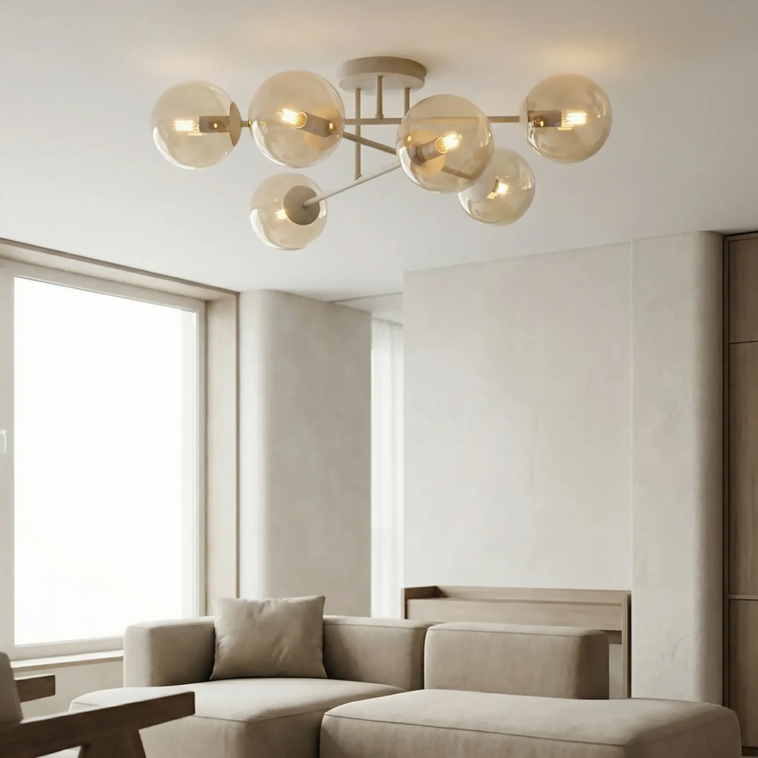 Plafón ROMA, beige, Ø 75 cm, 6 luces, cristal/metal, E14