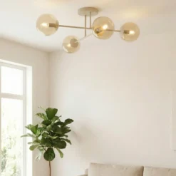 Plafón ROMA, color beige, longitud 75 cm, 4 luces, cristal/metal