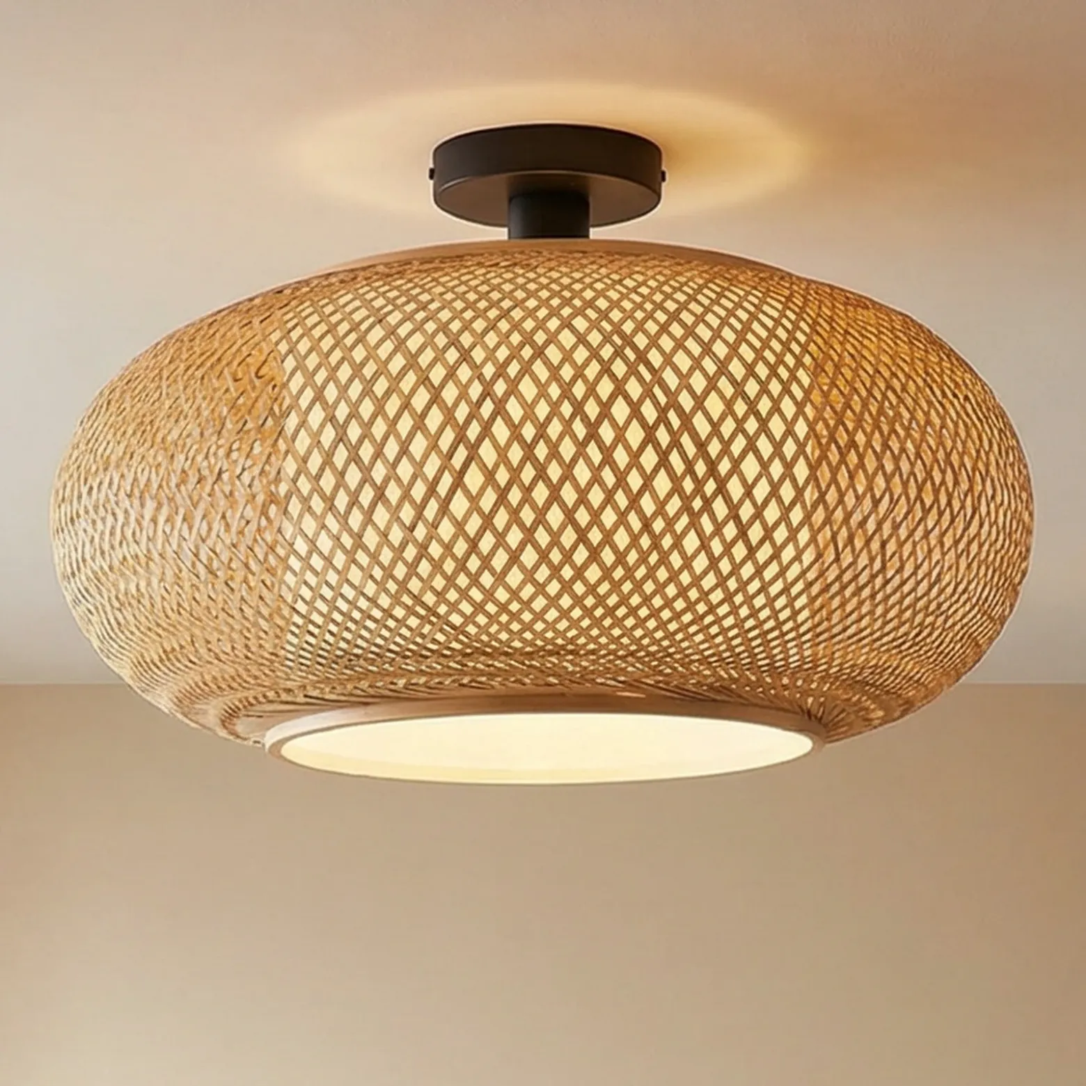 Plafón Romaine de Lindby, bambú, natural/blanco, Ø 50 cm