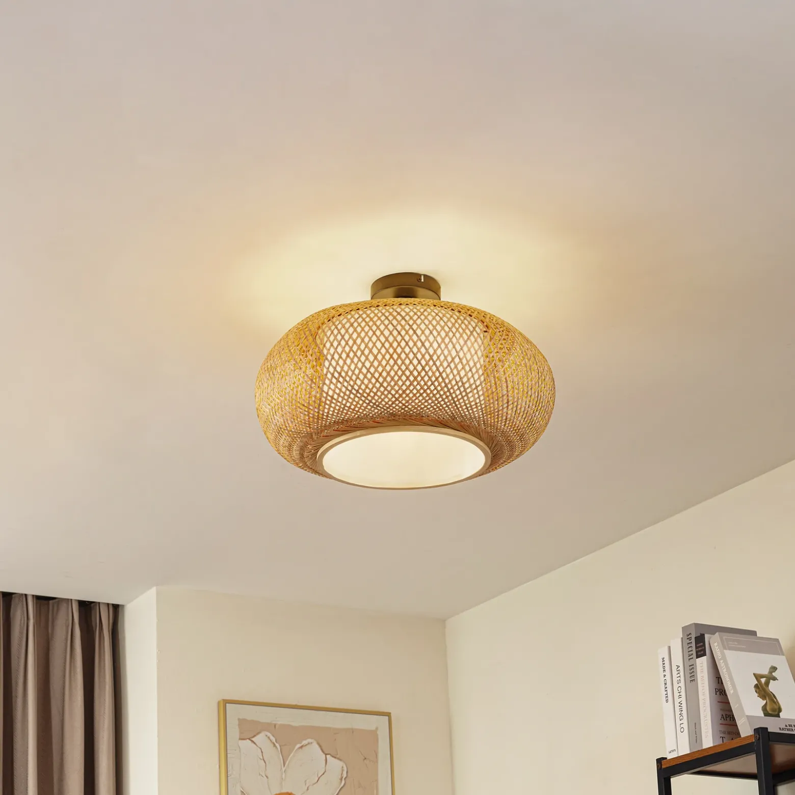 Plafón Romaine de Lindby, bambú, natural/blanco, Ø 50 cm