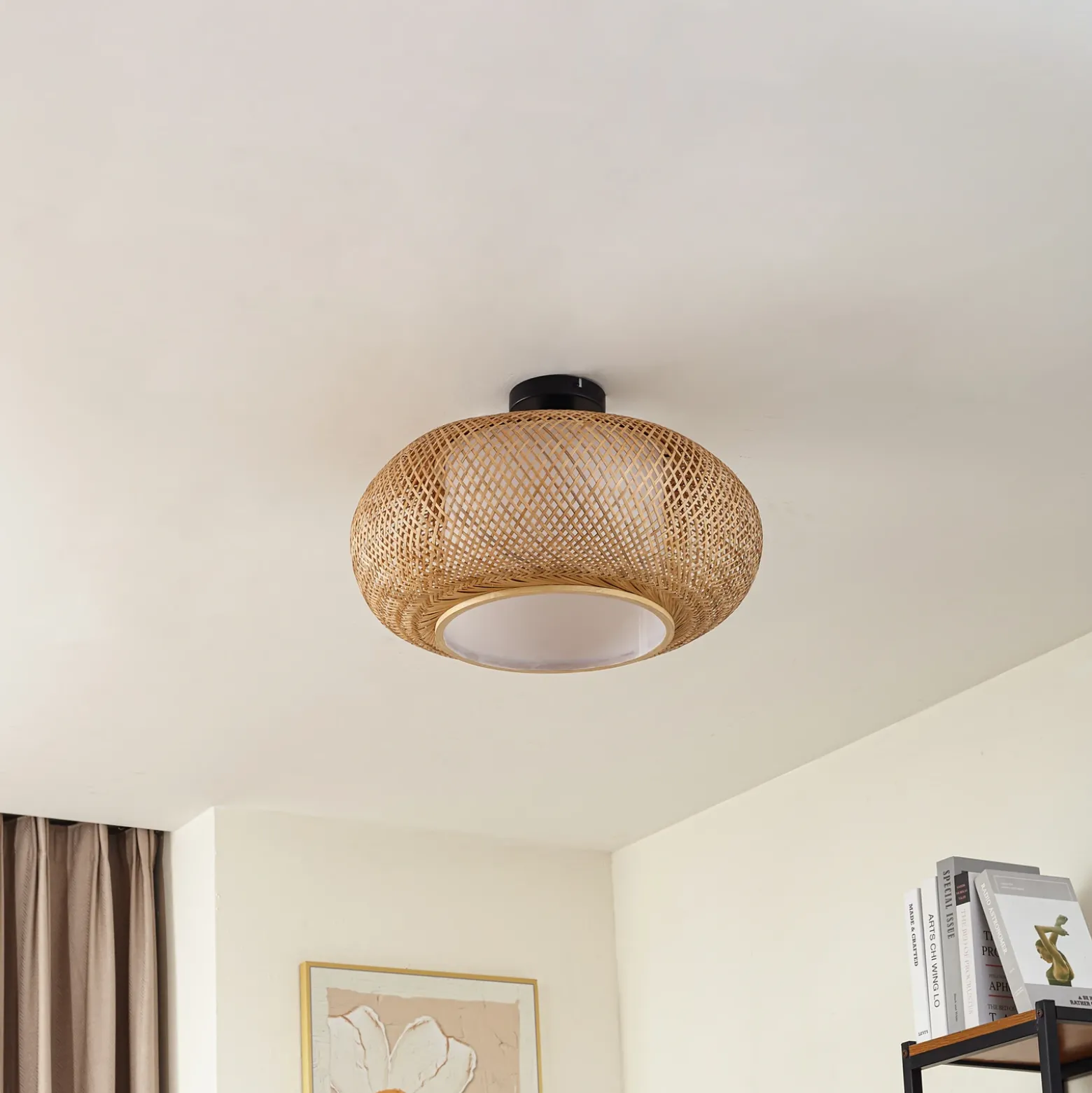 Plafón Romaine de Lindby, bambú, natural/blanco, Ø 50 cm