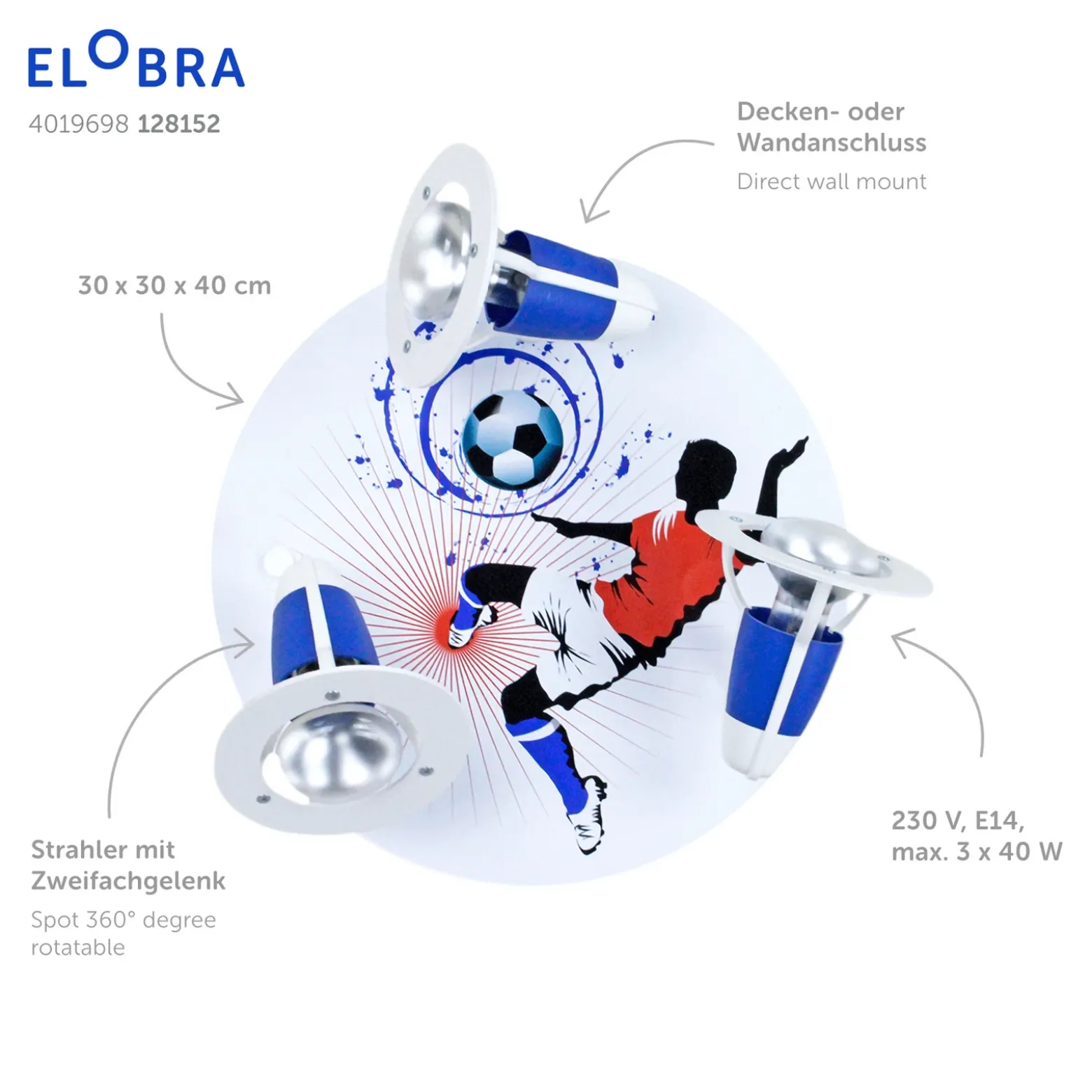 Plafón Soccer, 3 luces, azul-blanco