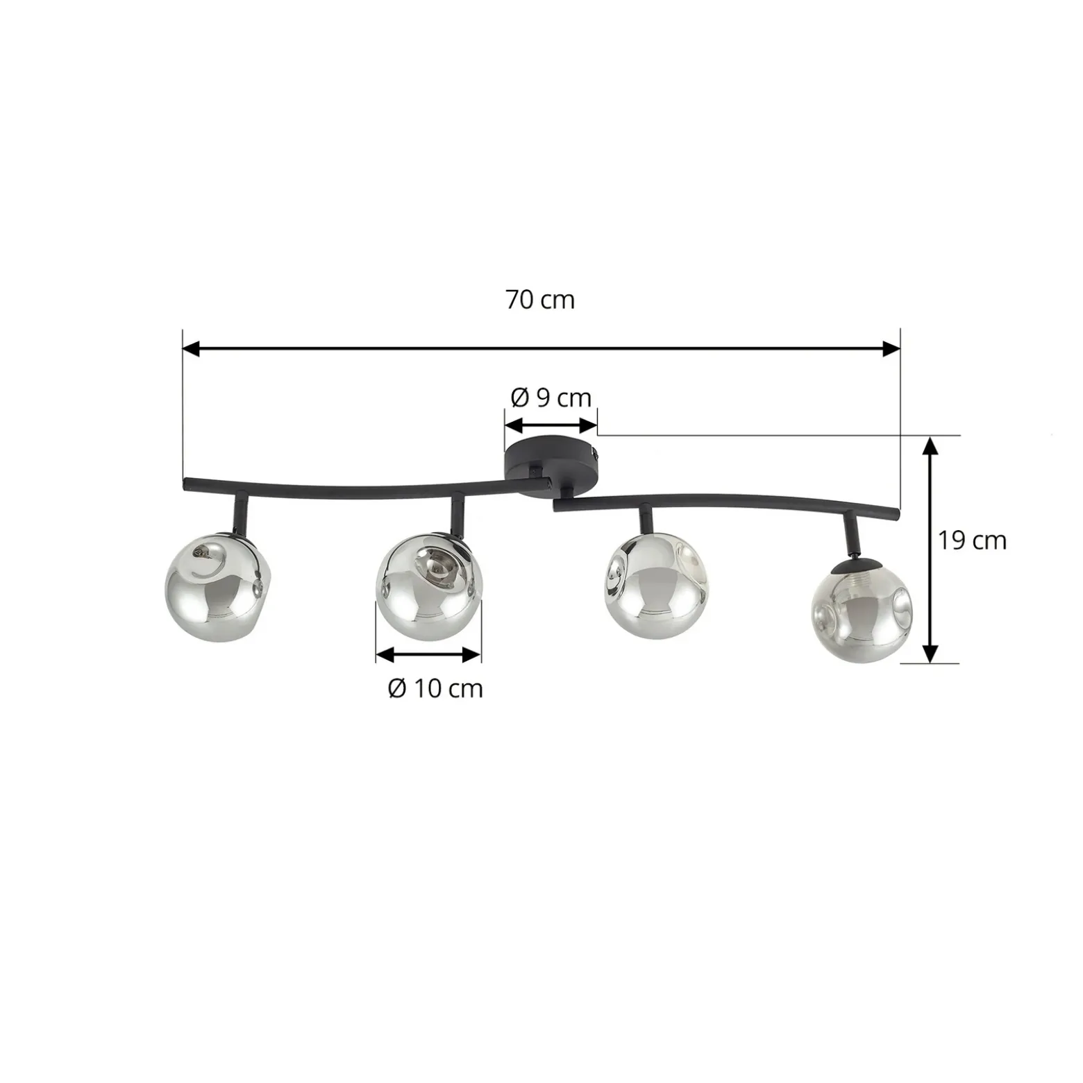 Plafón Valentina de Lindby, gris/negro, 4 luces, cristal