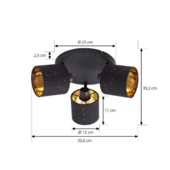 Plafón Vasilia de Lindby, 3 luces, negro/dorado, tela