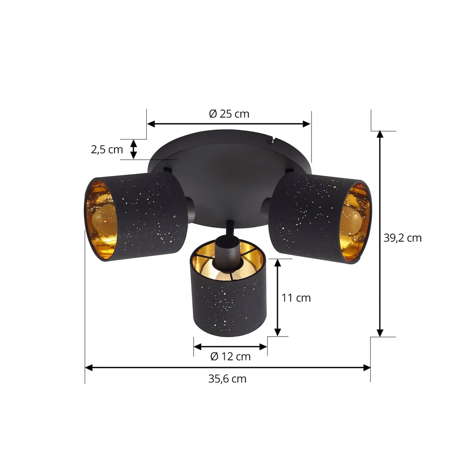 Plafón Vasilia de Lindby, 3 luces, negro/dorado, tela
