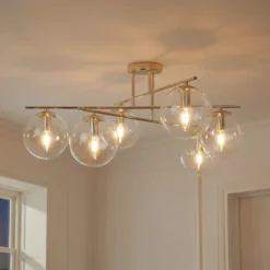 Plafón Zoe, color dorado, 72 cm de largo, 6 luces, cristal