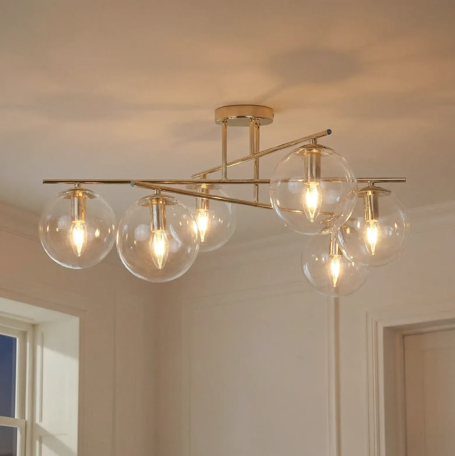 Plafón Zoe, color dorado, 72 cm de largo, 6 luces, cristal