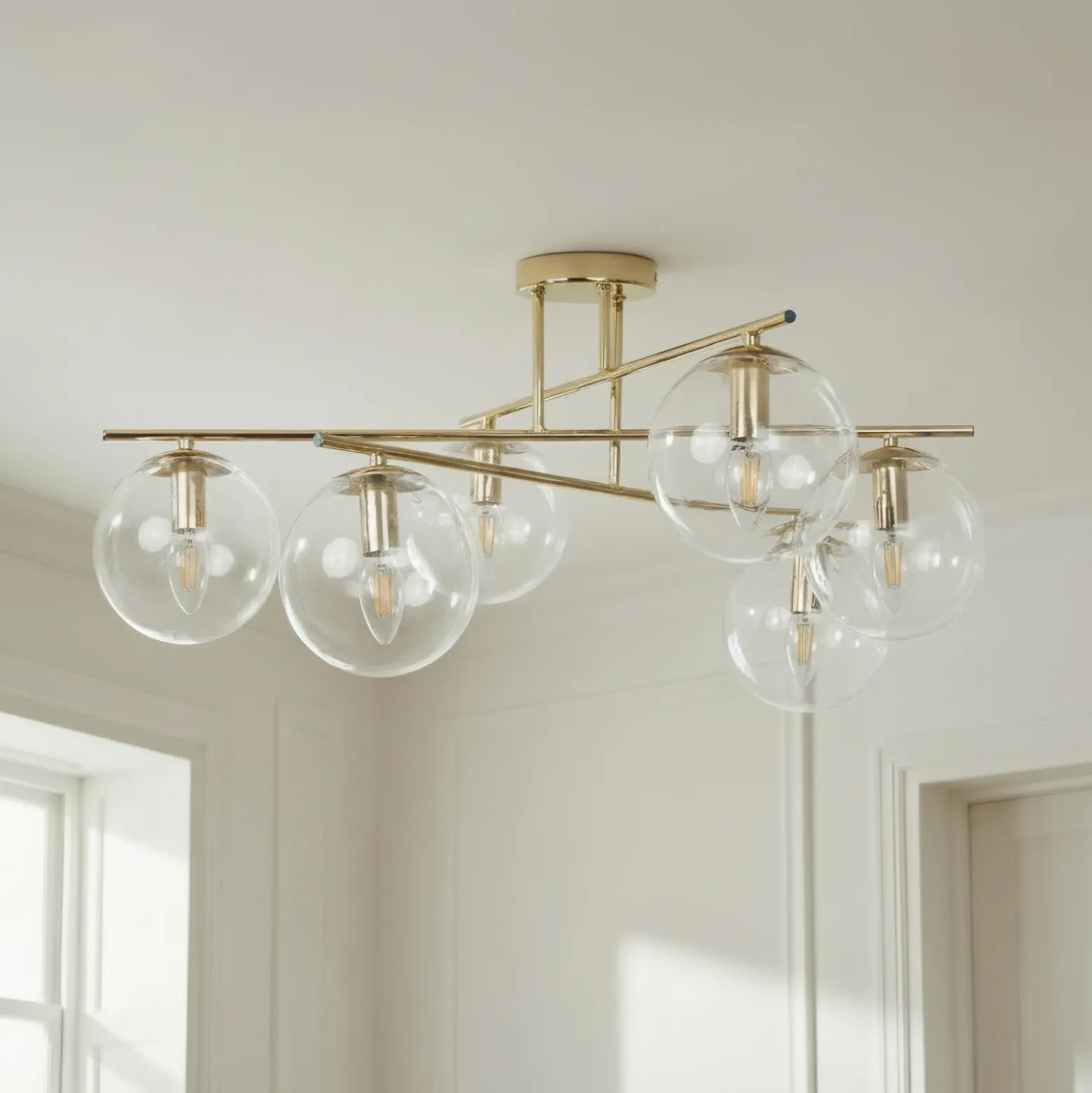 Plafón Zoe, color dorado, 72 cm de largo, 6 luces, cristal