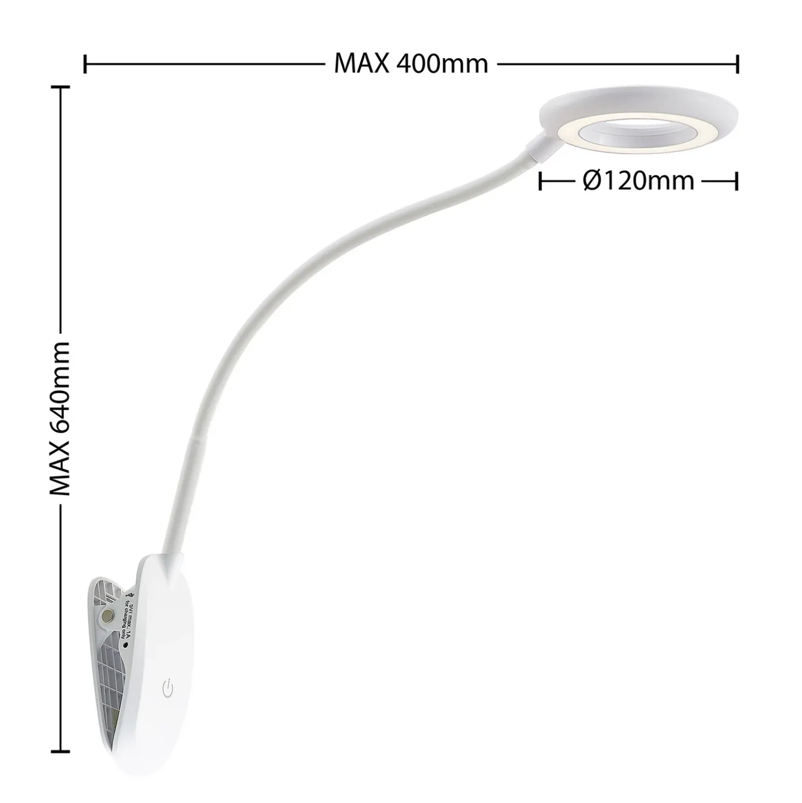 Prios lámpara de pinza LED Harumi, blanca, batería recargable, USB, 51 cm de