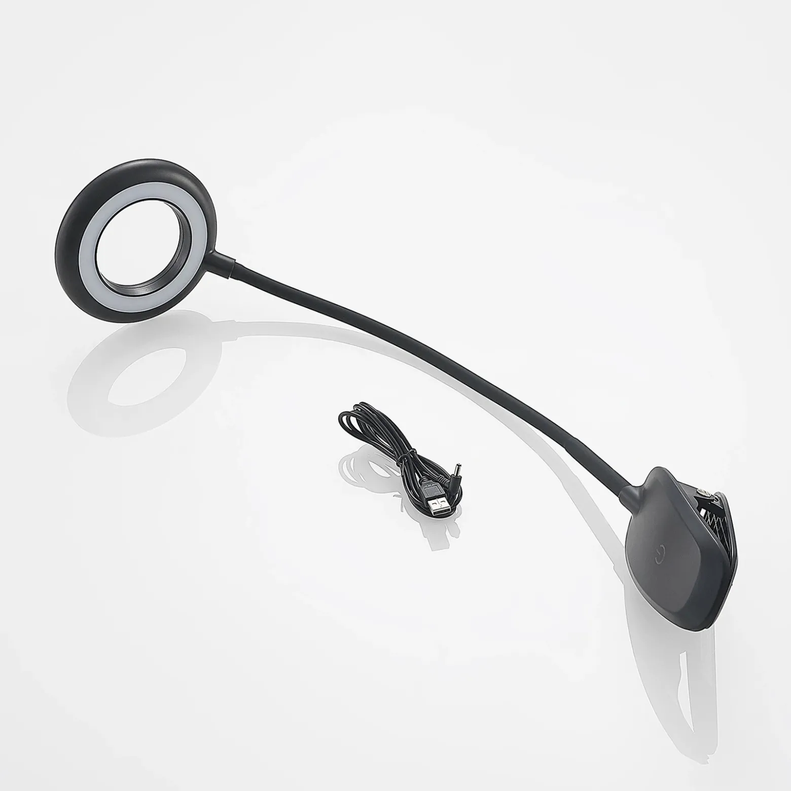 Prios lámpara de pinza LED Harumi, negra, batería recargable, USB, 51 cm
