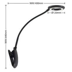 Prios lámpara de pinza LED Harumi, negra, batería recargable, USB, 51 cm
